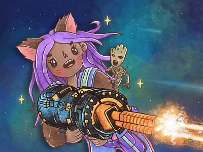 Rocket Me & Baby Groot action affinity designer art artwork baby groot cartoon chalk art character colourful crayon cute fanart galaxy guardians of the galaxy hand drawing ipad pro art movie space