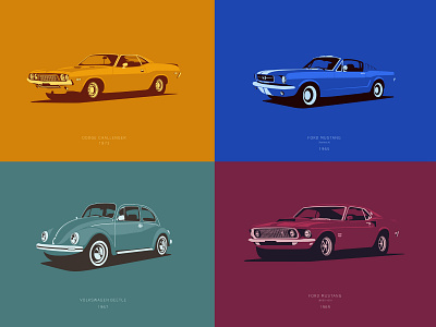 Classic cars posters set artwork car design classic car decoration flat illustration illustrator minimal minimalism musclecar poster art vector vintage design