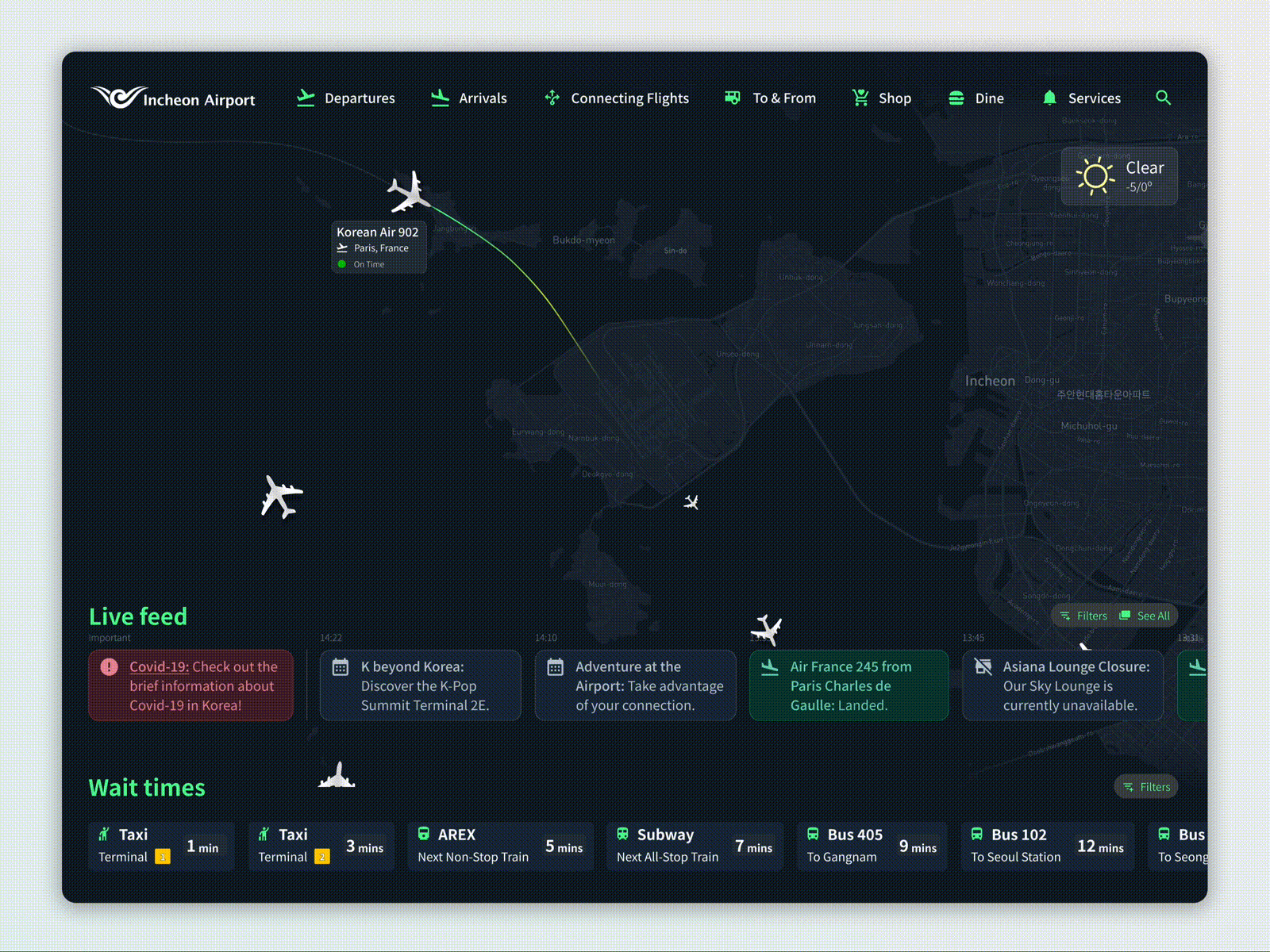 Seoul (South Korea) Incheon Airport landing page redesign aiport air france airlines dailyui data design figma flight interaction design landing page live map plane product design prototype tracking travel ui ux web page