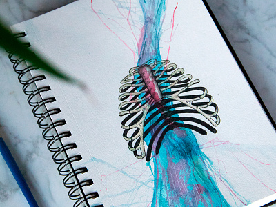 Flush drawing mixed media painting ribcage skeleton watercolor watercolour