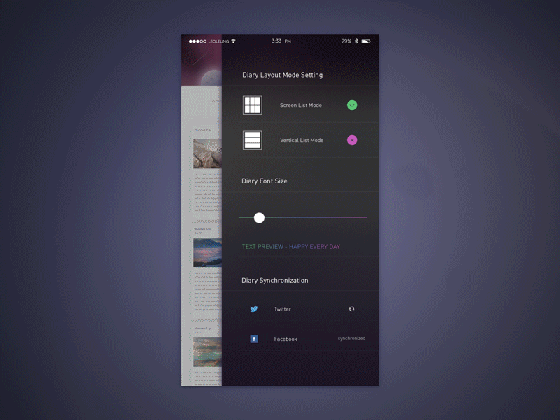 Diary Setting Dashboard app concept dashboard diary font setting size ui ux