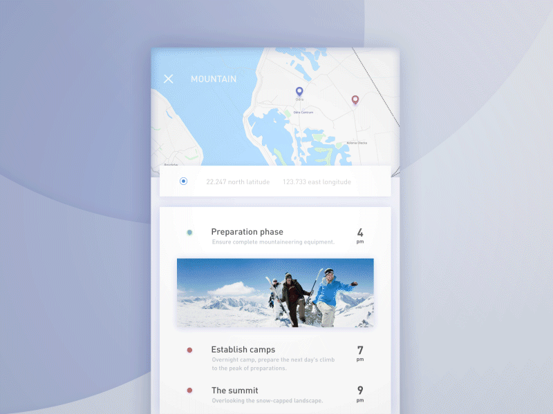 Animation - locate transition animation app concept details location map mountain test transition trip ui ux
