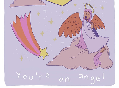 You’re An Angel angel angels clouds design heaven illustration night orange pink post card poster poster art purple stars