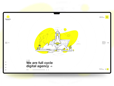 Geometric Digital Agency agency animation branding circle clean digital geometric illustration minimal motion rocket ui ux webdesign website white yellow