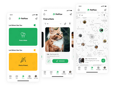 PetPaw - Find a Mate / Find a Friend animal app cat design dog find friend logo mate paw pet product ui ux