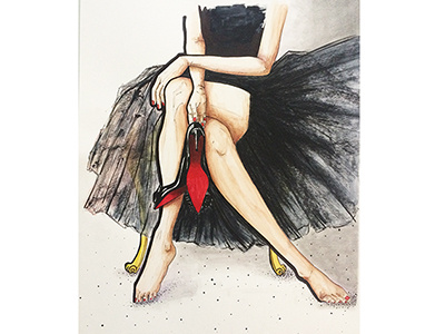 Tacones black charcoal drawing fashion high heels illustration legs pencil red shoes tulle watercolor