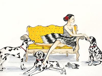 The lady and the dalmatians black dog fashionillustration illustration red sofa style white woman yellow