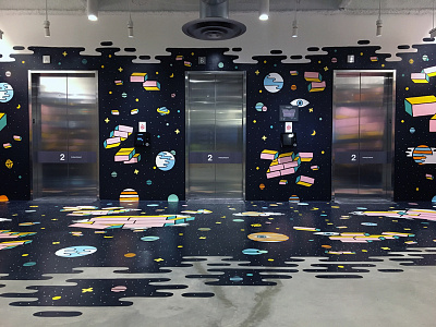 Facebook Artist in Residence Seattle blocks building blocks cosmos facebook mural paint planets space stars