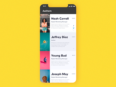 layout of list authors colorful description interface like list list view listing lists mobile mobile app design mobile ui profile share share button title sequence ui ui ux ui list uidesign