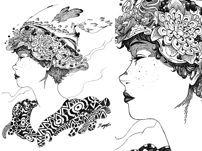 Floral 2d abstract beauty black and white character details digitalart drawing flower freckles hat illustration line lineart linework pattern photoshop portrait style woman