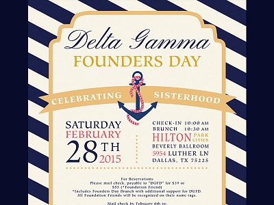 Delta Gamma Dallas Founders Day Invitation anchor blue card delta dg gamma invitation nautical pink ribbon stripes typography