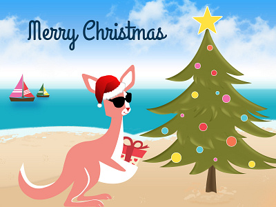 Merry Christmas australia beach boat christmas illustration kangaroo ocean tree