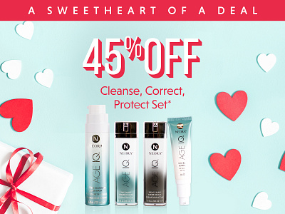 Neora Valentine Promotion advertising beauty products blue branding deal digital design gifts graphic design hearts paper hearts promo branding red red and blue sale skincare skincare promo skincare promotion typography valentines day