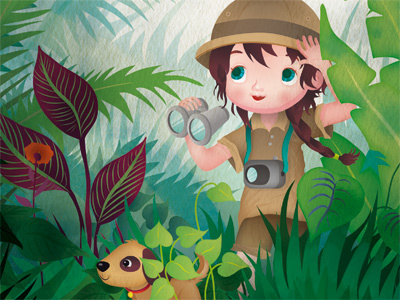 Safari green jungle little explorer mixed technique safari vector illustration