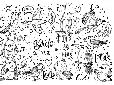 Birds Doodle Vector Set animal animal clipart animal doodle animal element birds cat cat doodle cat element cute dog dog element doodle drawing handdrawn pet vector set