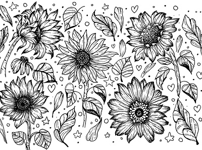 Sunflowers Handrawn Vector Set blossom botany design element doodle drawing farmhouse garden hand drawn handdrawn silhouette sunflower sunflowers