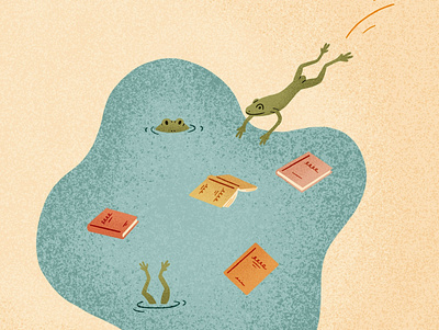 Frogs and Books Illustration blue books childrens book editorial editorial illustration flat illustration frogs green illustration inktober kids book pond procreate spot illustration texture water