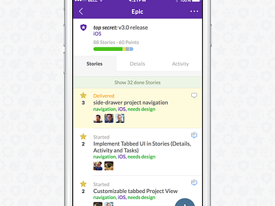 Story and Epic tabs agile ios iphone mobile ui