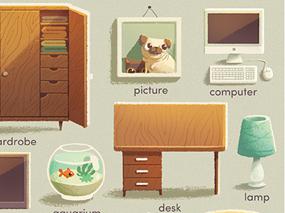 First English words \\ Educational book book children book pug cat illustration desk computer lamp wardrobe aquarium