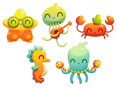 Sea band character design characters crab illustration jellyfish octopus seahorse starfish ukulele