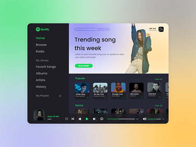 Redesign UI Spotify - By ErwinEdi artists branding challenge colorfull concept design genre glassmorphism inspiration modern music playlist popular premium redesign simple song spotify ui