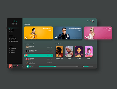 Musique Web App Concept UI - Dark adobe xd design illustrator photoshop ui ux web