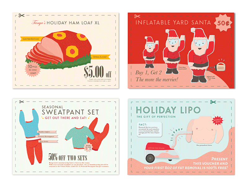 Holiday Postcard Set! christmas card collage coupon food google now graphic design holiday card illustration illustrator postcard santa