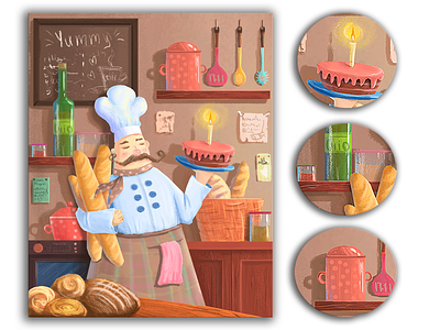 Children's illustration with a chef. Chef in the kitchen