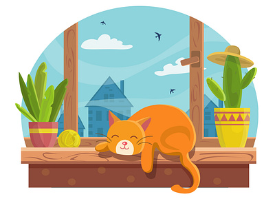 Red cat on the window art artist branding cat chi childrens illustration design flat illustration illustrator logo ui