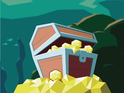 Treasure Chest board game coins digital illustration here be dragons low poly treasure underwater