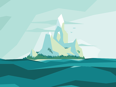 Mountain series #04 aviary flat illustration island low poly mountains ocean trees vector