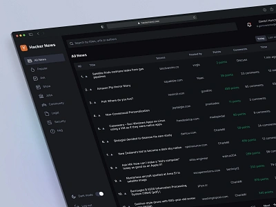 Hacker News Website Redesign app clean dark dark mode data design gradient hacker news minimal modern news redesign side menu table ui web design website
