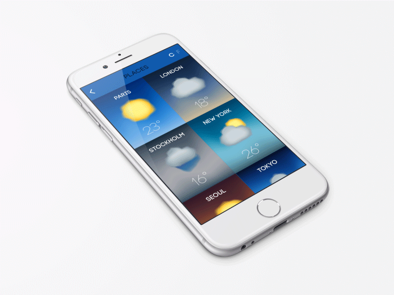 Weather Grid app application cards cloudy concept design grid places sunny transition weather