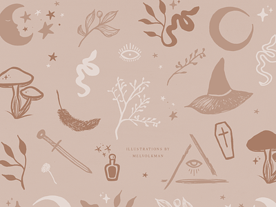 Magical Illustrations By Mel Volkman custom type esoteric floral font halloween hand lettering icon illustration lettering logo magical moon potion snake stars tarot type typography witch witchy