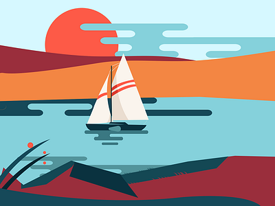 Flat sunset illustration boat digitalillustration flat design illustration illustrator retro sunset