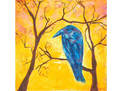 Autumn Blue abstract blue blue bird blue jay cogwurx illustration oil painting orange square tree