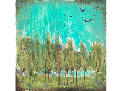 Crows Over The Grove abstract abstract expressionism birds cogwurx crow crows flock forest green illustration landscape oil painting square trees