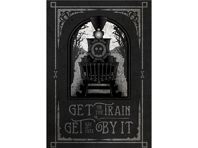 Get On The Train affinity designer black and white cogwurx gothic locomotive retro silent film skull spooky title card train typography vector