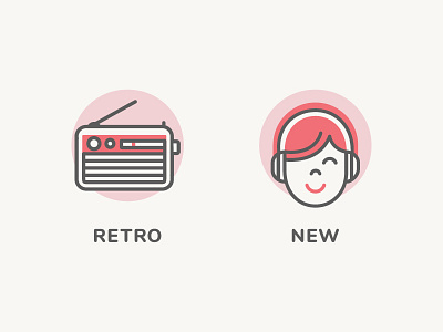 Retro - New app girl headphones illustation new product radio retro vector