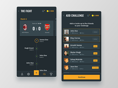 Single Match & Invite Friends app challenge darkui friends gamification match mobile points timeline ui user experience user interface ux
