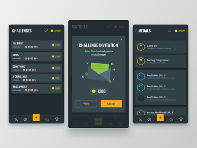 Challenges, Invitation and Medals app challenges dark darkui invitation medals prediction ui ux