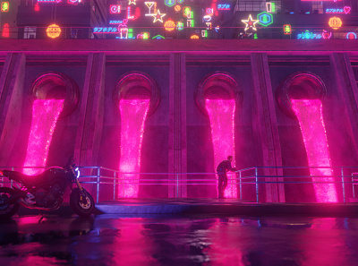 Reflections 3d 80s abstract blender buildings cyberpunk cyberpunk 2077 environment design industrial motorcycle neon neon light neon sign retro sci fi sci fi scifi surreal synthwave vaporwave