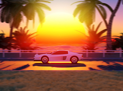 Sunset Drive 3d 80s abstract beach car ferrari landscape ocean palm tree palms retro surreal synthwave testarossa vaporwave