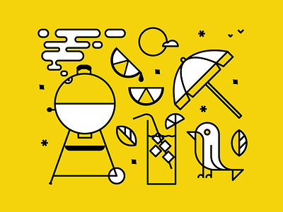 Summer bbq bird drink geometric iconography illustration lemon line summer sun umbrella vector