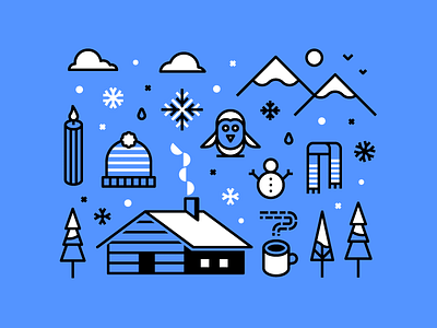 Winter beanie cabin geometric iconography illustration line penguin scarf shape snow vector winter