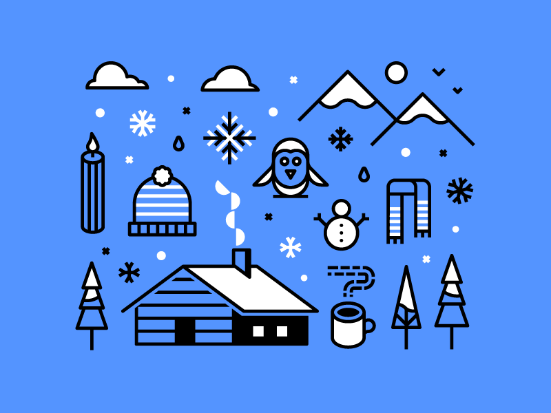 Winter beanie scarf penguin cabin snow winter geometric shape line iconography vector illustration