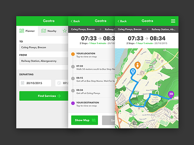 Transport app for iOS app bus green interface ios map mapping routing transport user interface