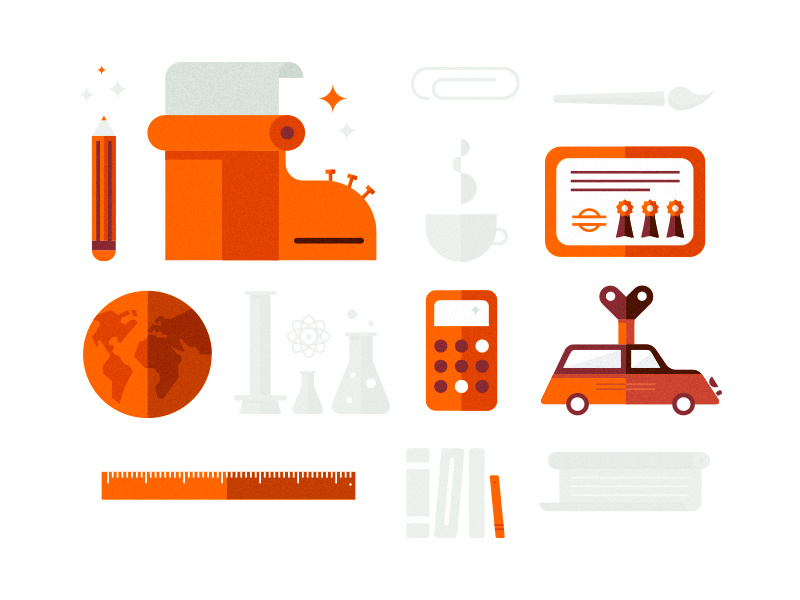 Orange and Grey icons car calculator print pencil ruler orange brush chemistry