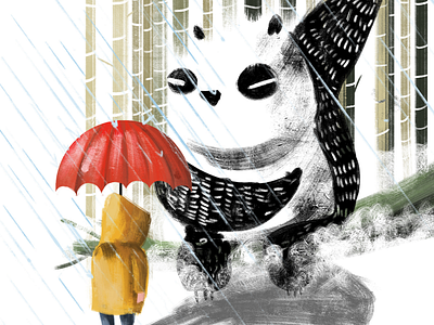 Angry panda black brush children illustration. digital kids panda photoshop. adobe rain red umbrela white