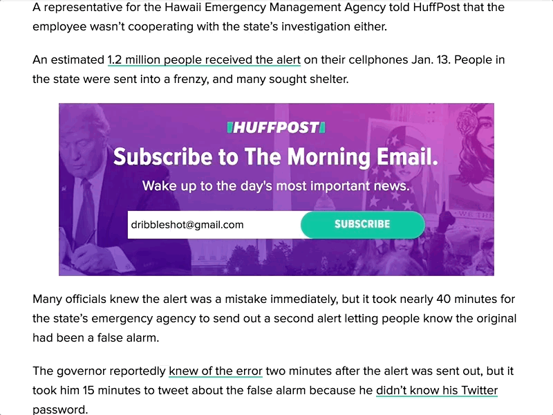 Desktop Newsletter Sign-up animation desktop email huffpost interaction microinteractions newsletter principle user interface ux